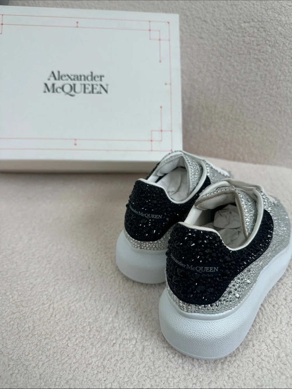 Alexander McQueen Silver Crystal Sneakers with Black Heel